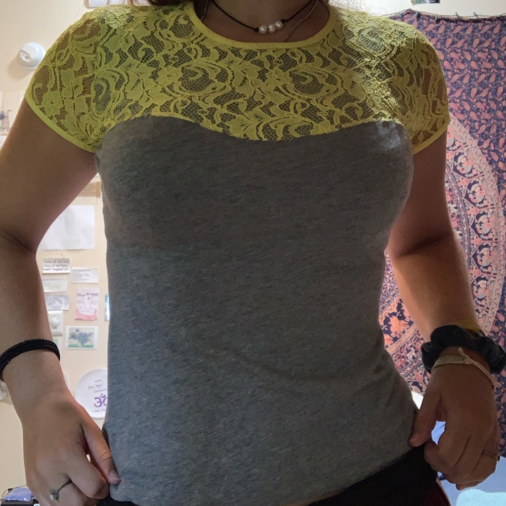 Grey Shirt with Yellow Lace Overlay